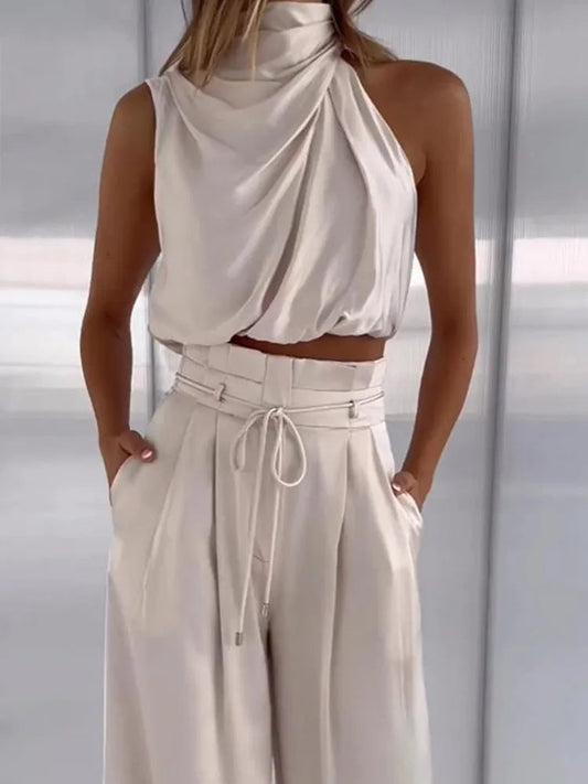 Donna - Conjunto de moda con blusa y pantalón ancho