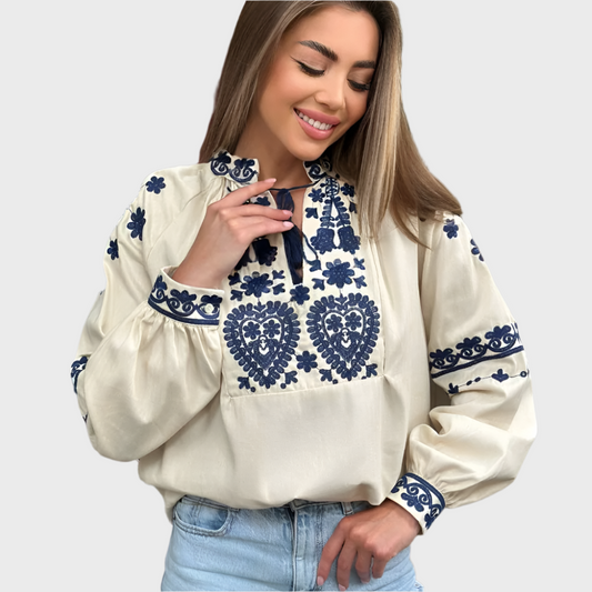 Blusa Bohemia con Bordado Azul