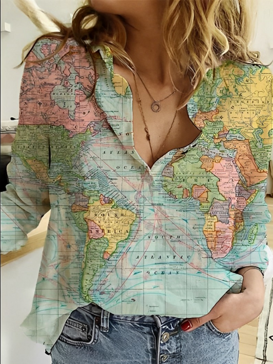 Janet - Camisa con estampado de mapa del mundo